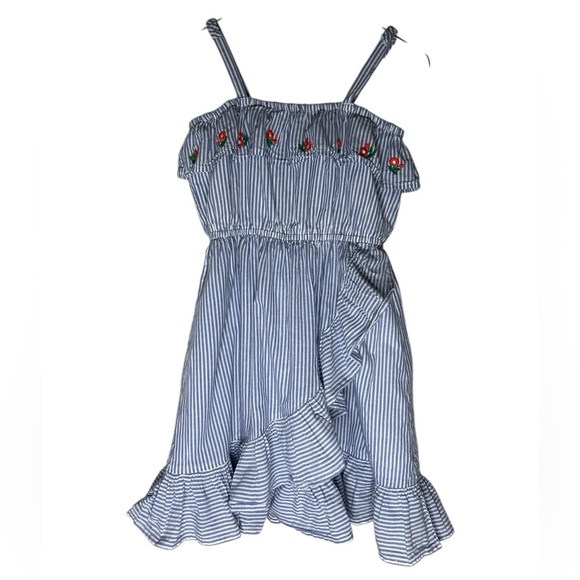 Jamie and Jack Striped Blue Kids Dress with Floral Embroidery - Picture 1 of 6